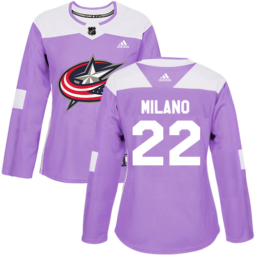Adidas Blue Jackets #22 Sonny Milano Purple Authentic Fights Cancer Women's Stitched NHL Jersey